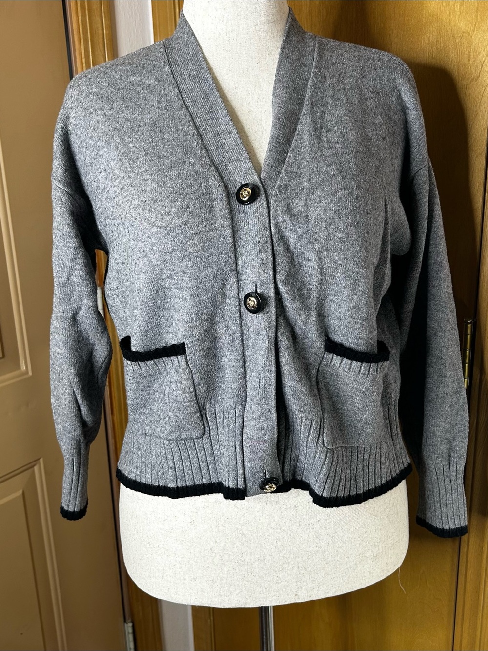 Cyrus Gray Cardigan with Black Trim and Pockets